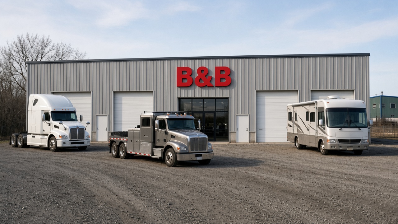 B&B facility — trucks and an RV on the lot